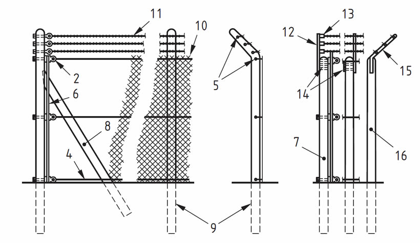 The install details of chain link fence with extension arms for barbed wire.